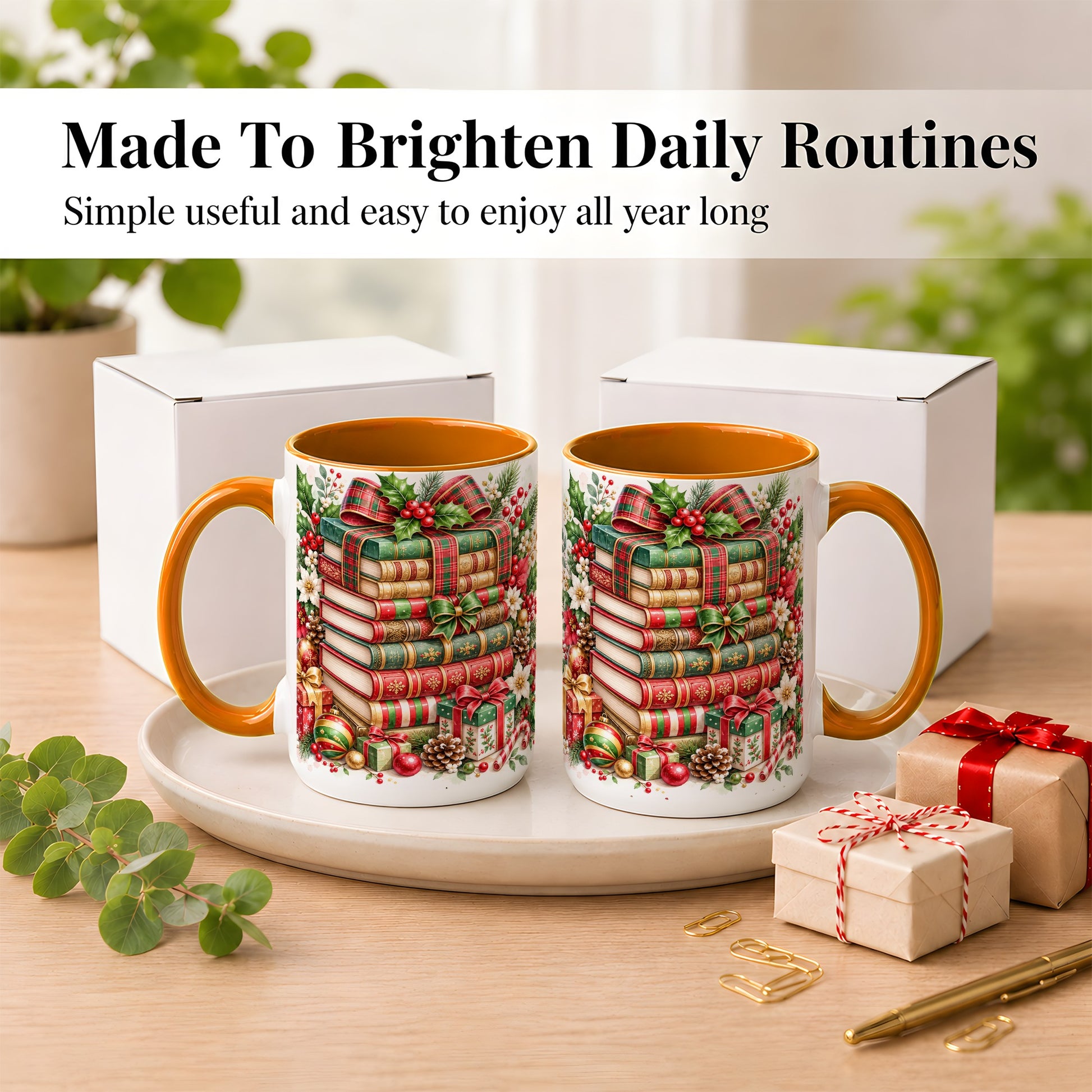 #pl[15oz|Orange] Watercolor Christmas Books Coffee Mug, Plaid Bow Mug, Ceramic Cup