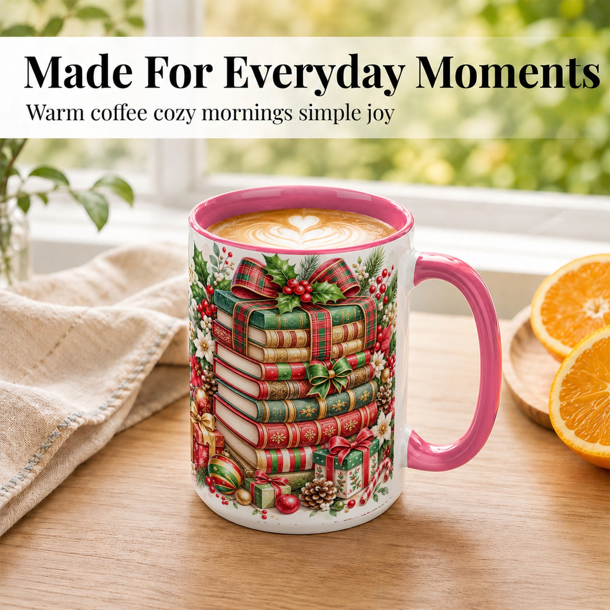 #pl[15oz|Pink] Watercolor Christmas Books Coffee Mug, Plaid Bow Mug, Ceramic Cup