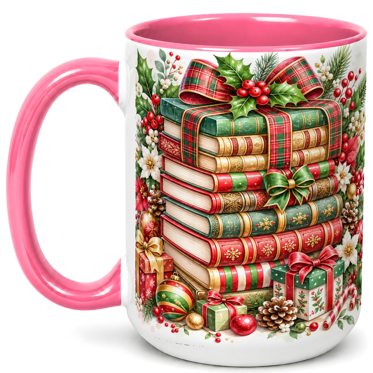 #pl[15oz|Pink] Watercolor Christmas Books Coffee Mug, Plaid Bow Mug, Ceramic Cup