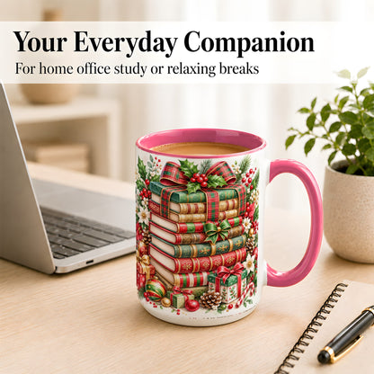 #pl[15oz|Pink] Watercolor Christmas Books Coffee Mug, Plaid Bow Mug, Ceramic Cup