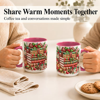 #pl[15oz|Pink] Watercolor Christmas Books Coffee Mug, Plaid Bow Mug, Ceramic Cup