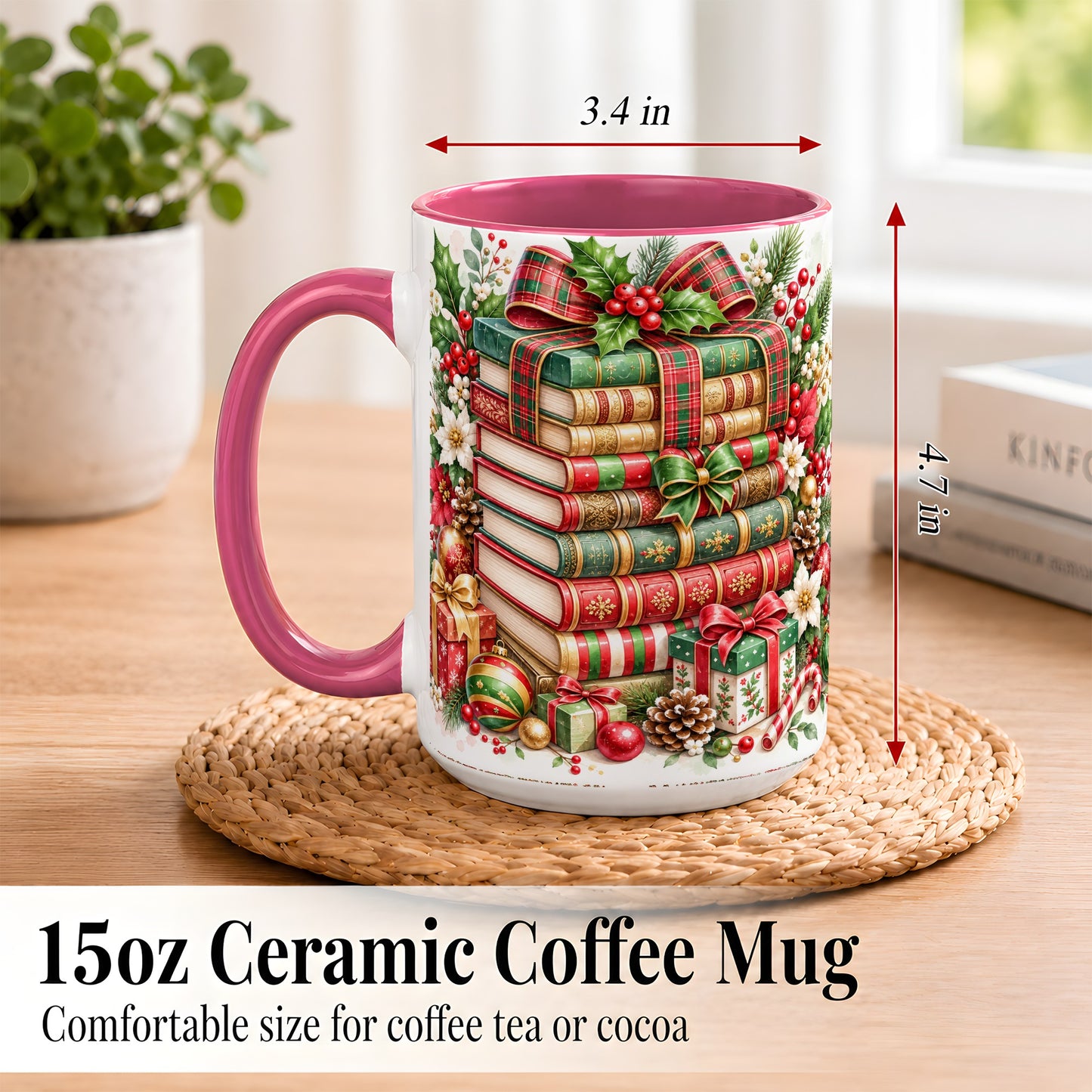 #pl[15oz|Pink] Watercolor Christmas Books Coffee Mug, Plaid Bow Mug, Ceramic Cup