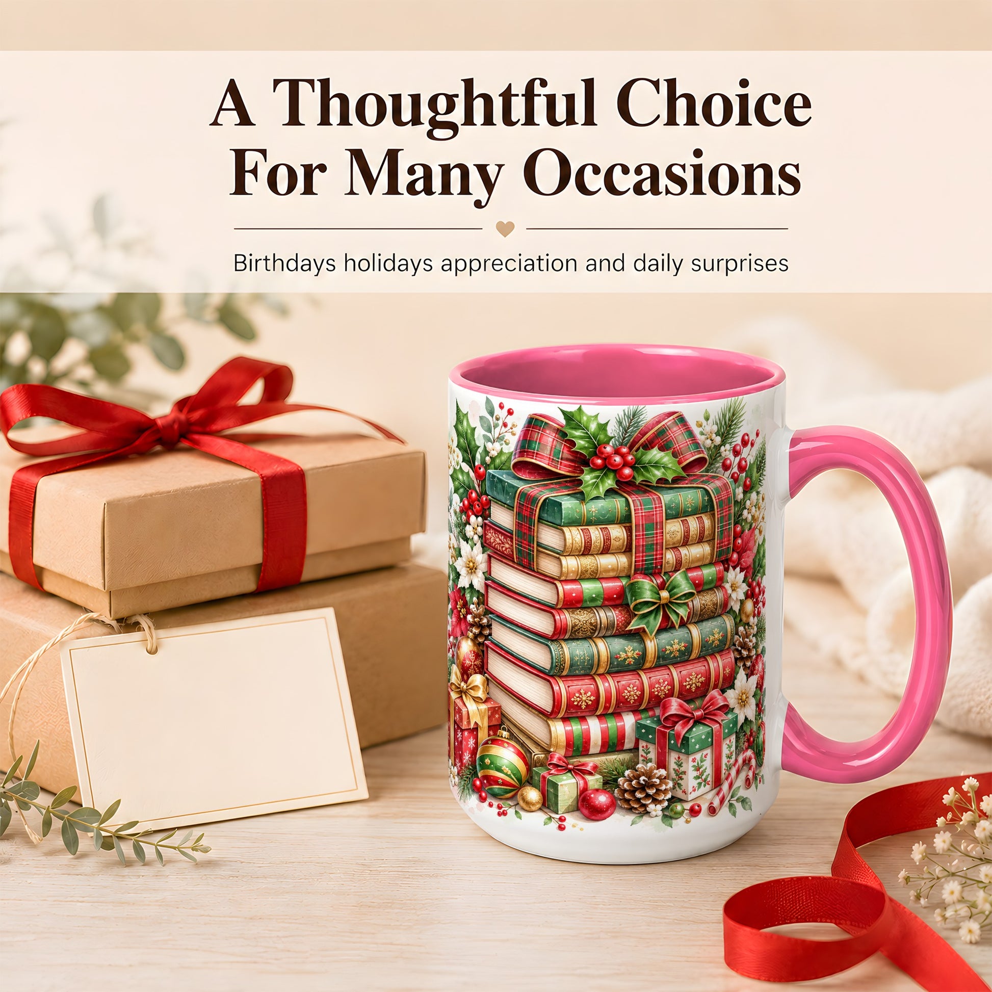 #pl[15oz|Pink] Watercolor Christmas Books Coffee Mug, Plaid Bow Mug, Ceramic Cup
