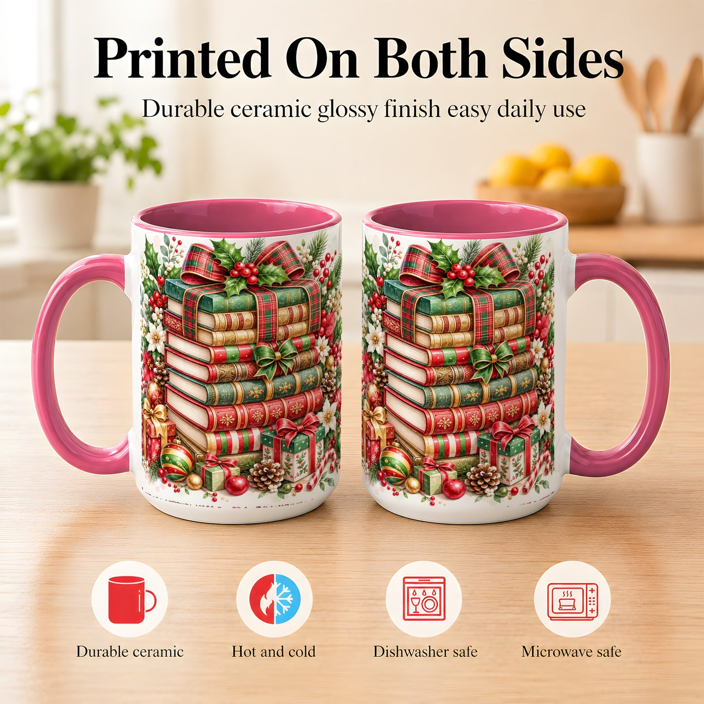 #pl[15oz|Pink] Watercolor Christmas Books Coffee Mug, Plaid Bow Mug, Ceramic Cup