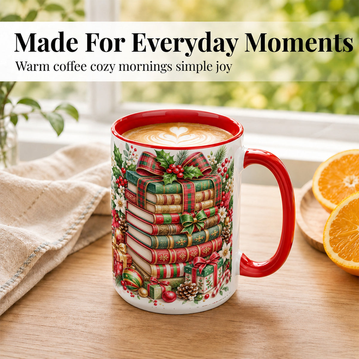 #pl[15oz|Red] Watercolor Christmas Books Coffee Mug, Plaid Bow Mug, Ceramic Cup