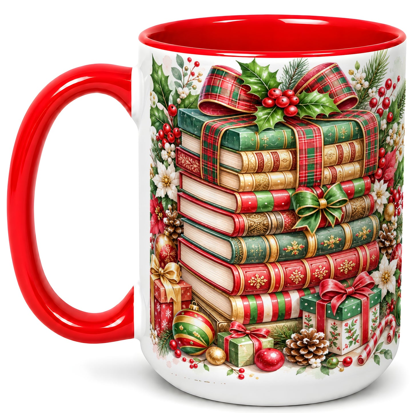 #pl[15oz|Red] Watercolor Christmas Books Coffee Mug, Plaid Bow Mug, Ceramic Cup