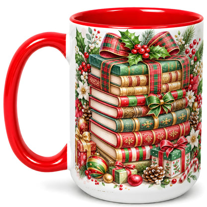 #pl[15oz|Red] Watercolor Christmas Books Coffee Mug, Plaid Bow Mug, Ceramic Cup