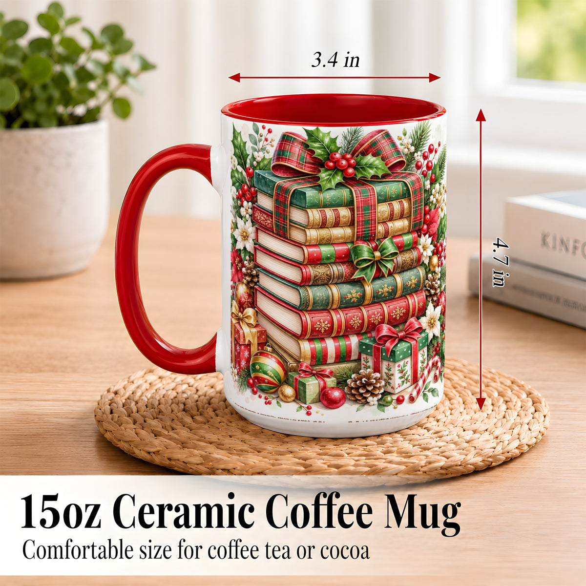 #pl[15oz|Red] Watercolor Christmas Books Coffee Mug, Plaid Bow Mug, Ceramic Cup