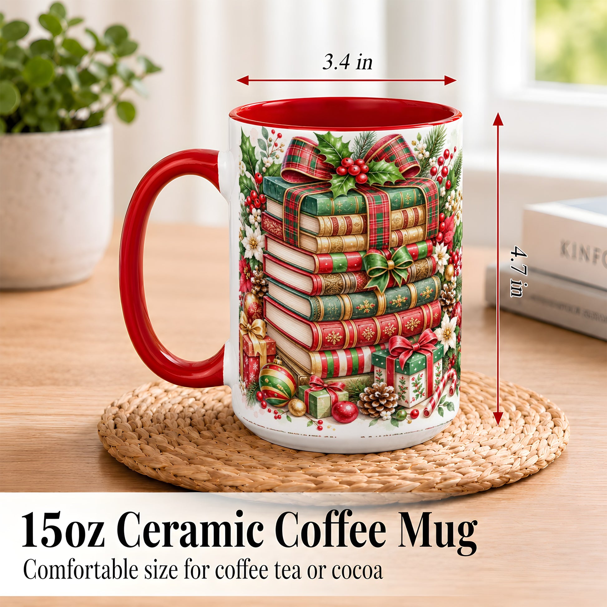 #pl[15oz|Red] Watercolor Christmas Books Coffee Mug, Plaid Bow Mug, Ceramic Cup