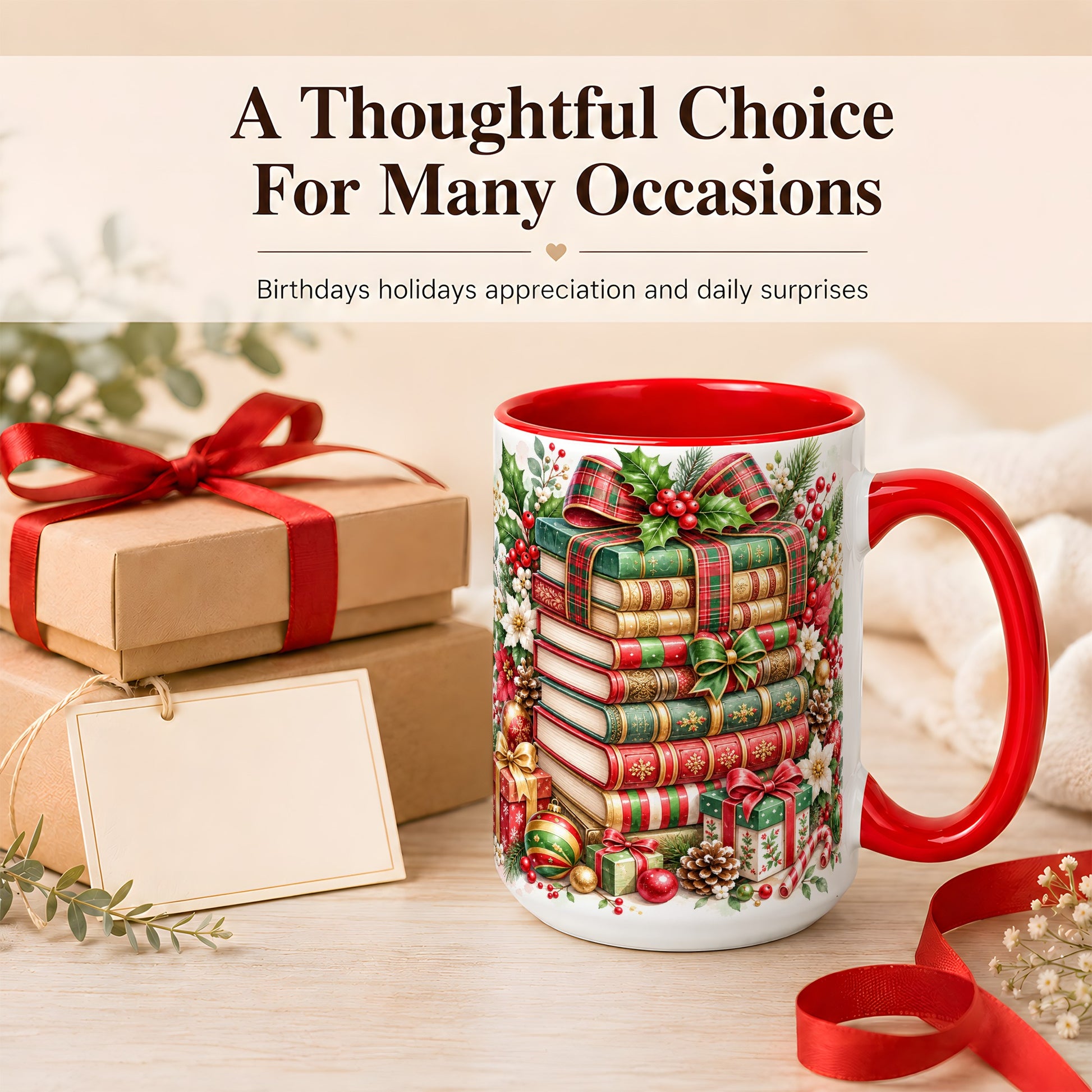 #pl[15oz|Red] Watercolor Christmas Books Coffee Mug, Plaid Bow Mug, Ceramic Cup
