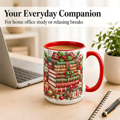 #pl[15oz|Red] Watercolor Christmas Books Coffee Mug, Plaid Bow Mug, Ceramic Cup