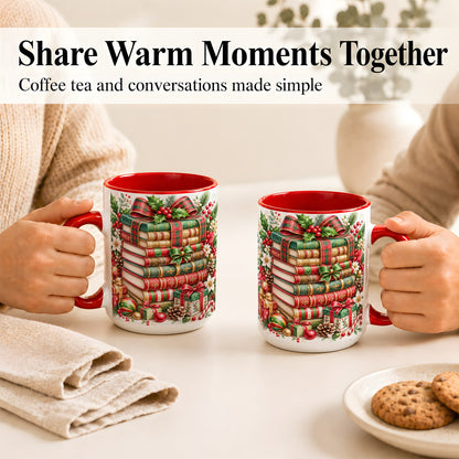 #pl[15oz|Red] Watercolor Christmas Books Coffee Mug, Plaid Bow Mug, Ceramic Cup