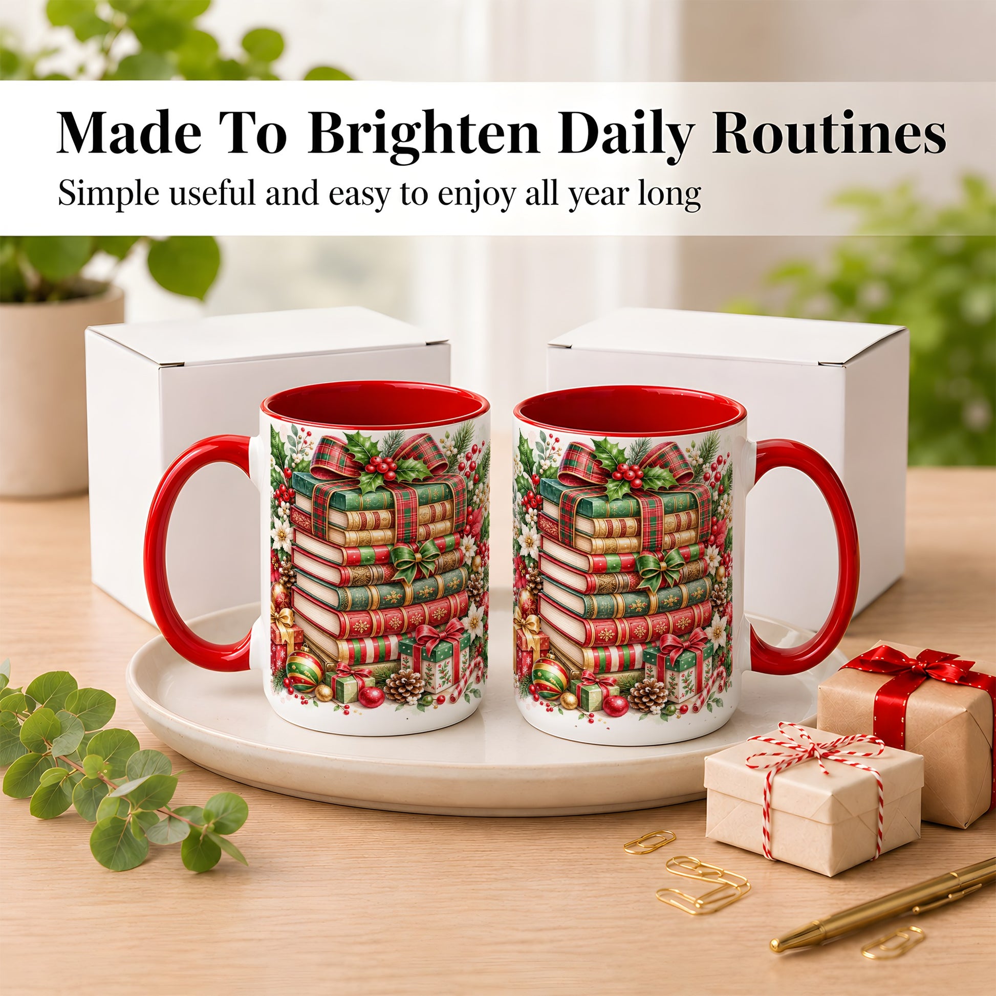 #pl[15oz|Red] Watercolor Christmas Books Coffee Mug, Plaid Bow Mug, Ceramic Cup