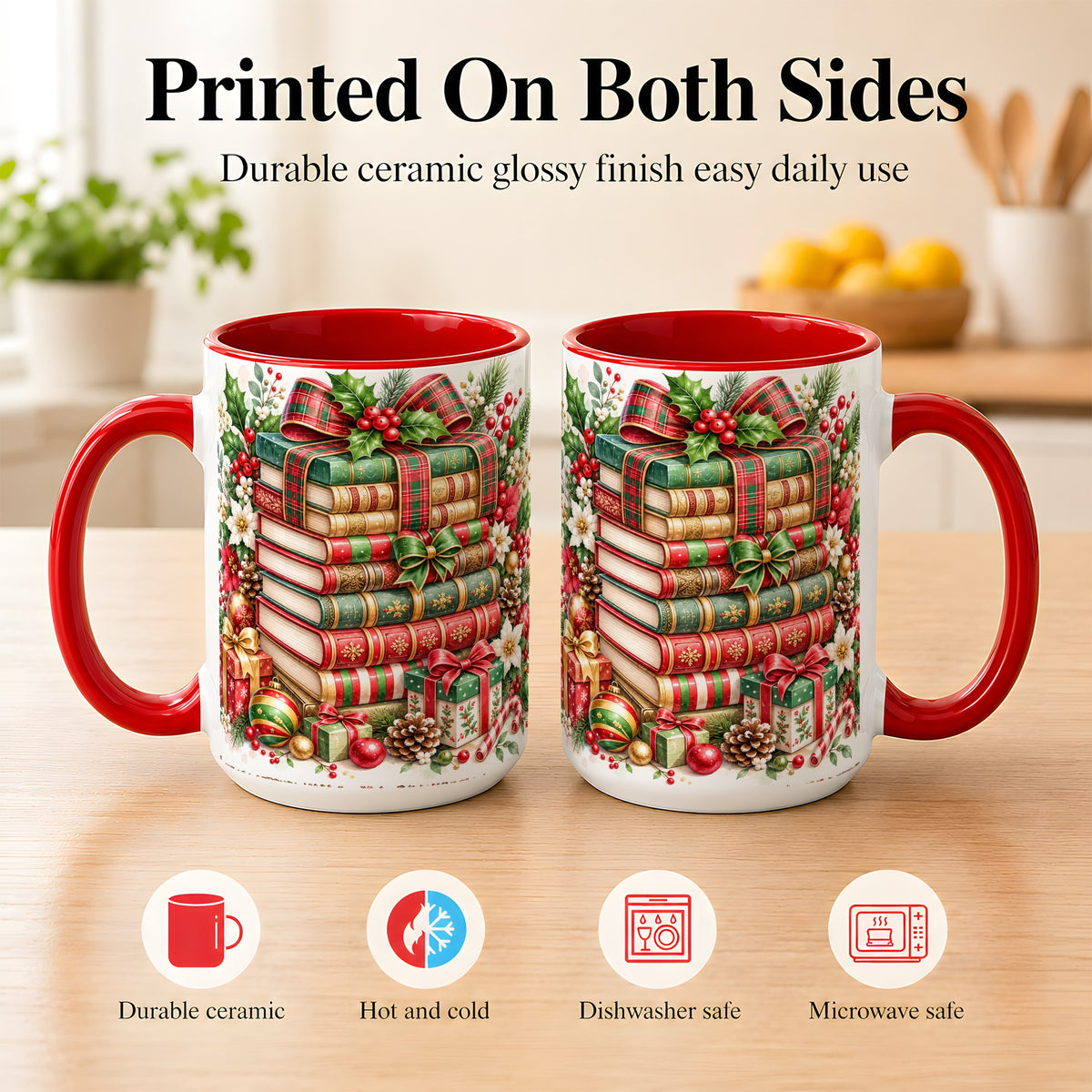 #pl[15oz|Red] Watercolor Christmas Books Coffee Mug, Plaid Bow Mug, Ceramic Cup