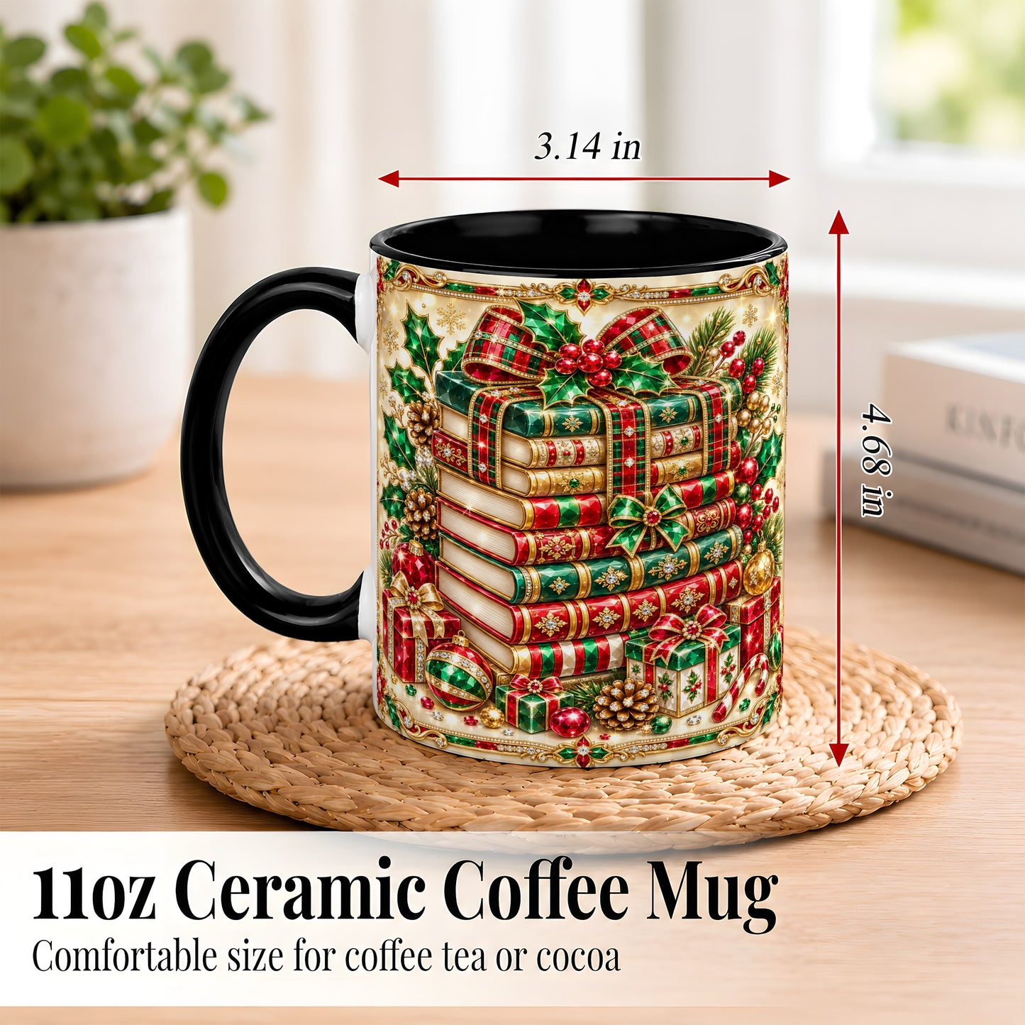 #pl[11oz|Black] Gemlike Christmas Books Coffee Mug, Ornate Holiday Mug, Ceramic Cup