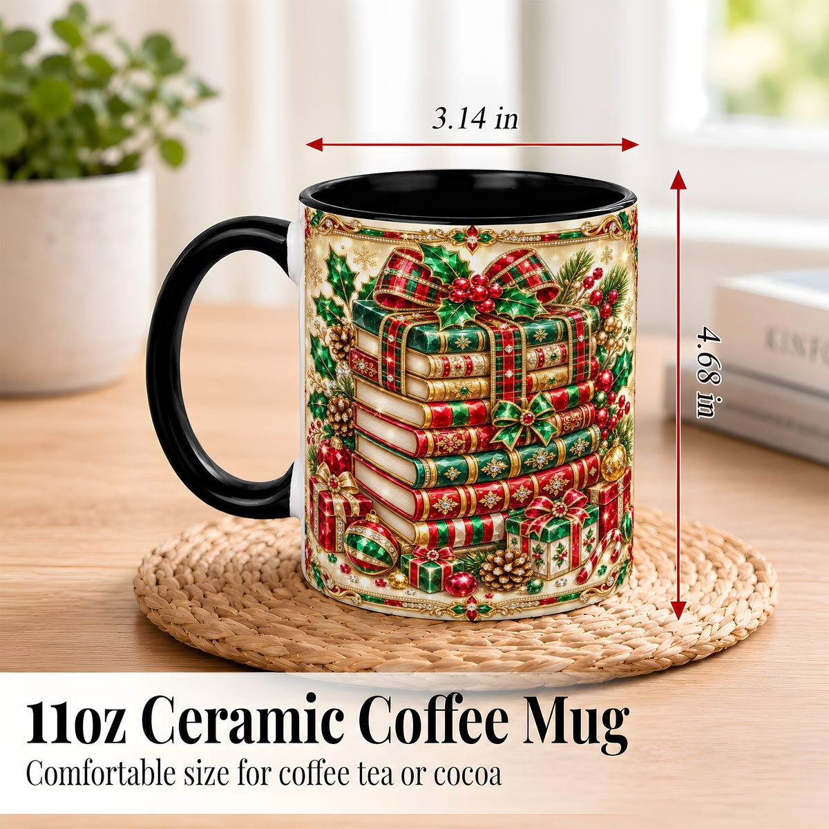 #pl[11oz|Black] Gemlike Christmas Books Coffee Mug, Ornate Holiday Mug, Ceramic Cup
