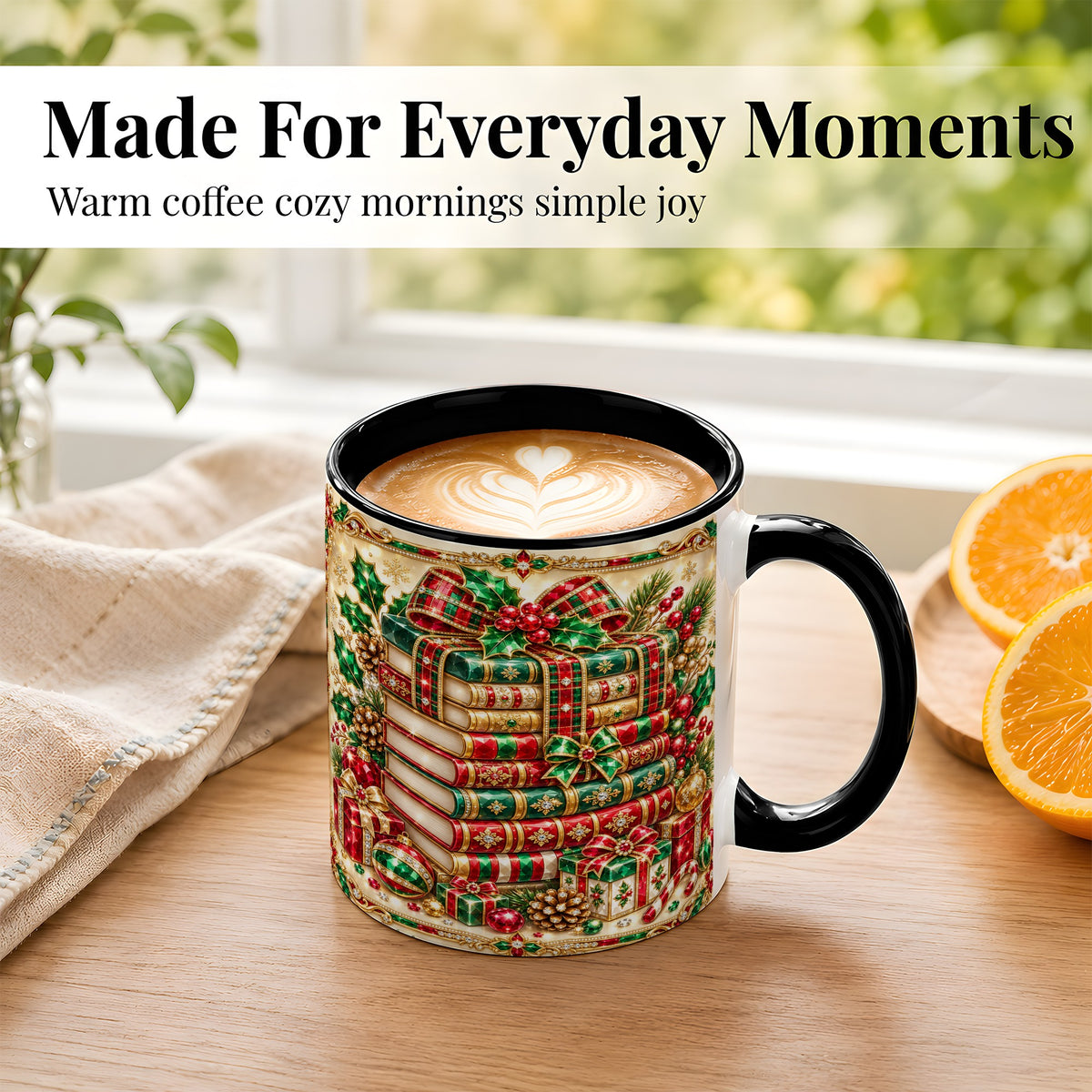 #pl[11oz|Black] Gemlike Christmas Books Coffee Mug, Ornate Holiday Mug, Ceramic Cup