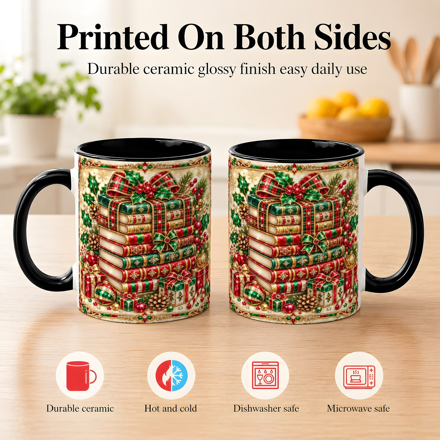 #pl[11oz|Black] Gemlike Christmas Books Coffee Mug, Ornate Holiday Mug, Ceramic Cup
