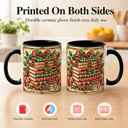#pl[11oz|Black] Gemlike Christmas Books Coffee Mug, Ornate Holiday Mug, Ceramic Cup