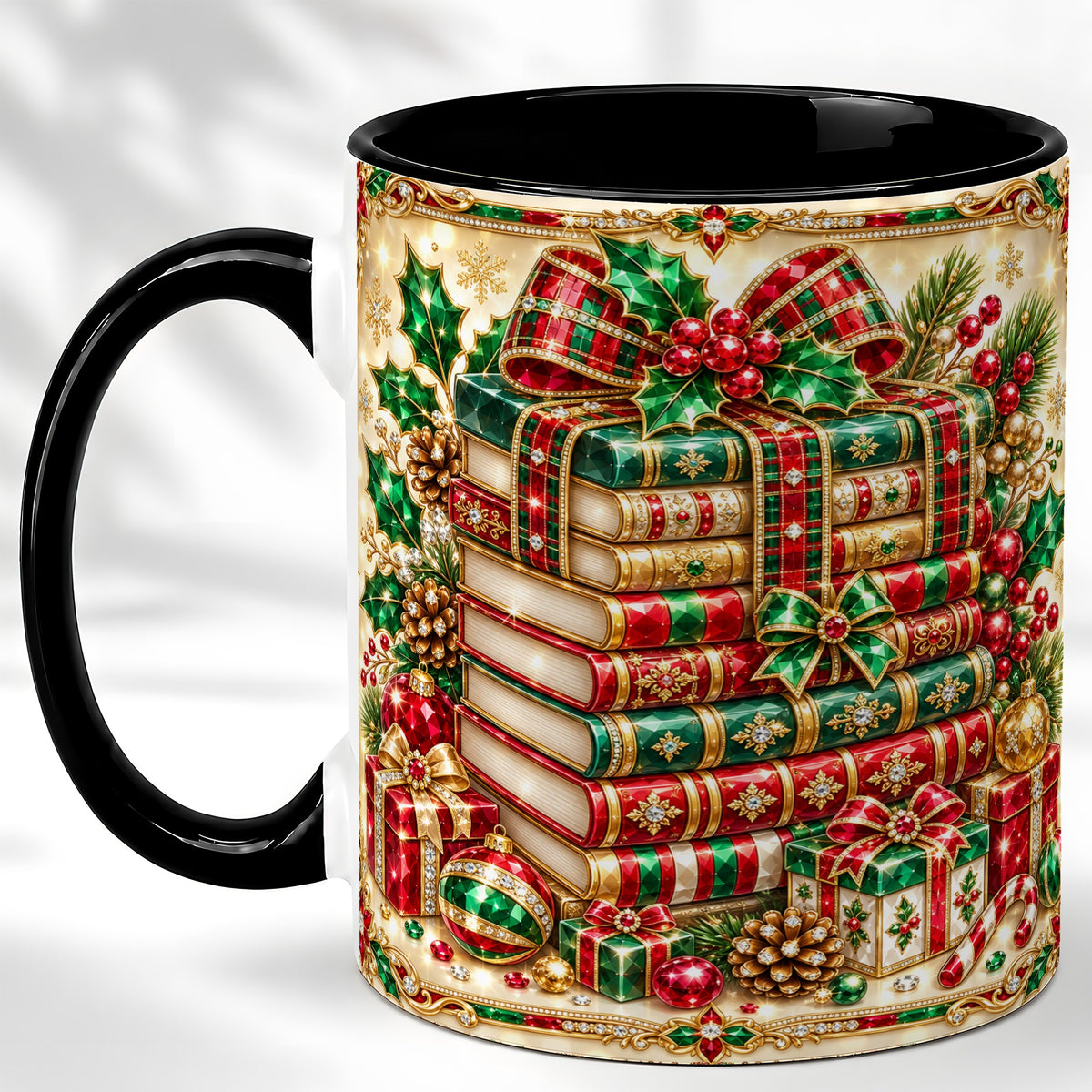 #pl[11oz|Black] Gemlike Christmas Books Coffee Mug, Ornate Holiday Mug, Ceramic Cup