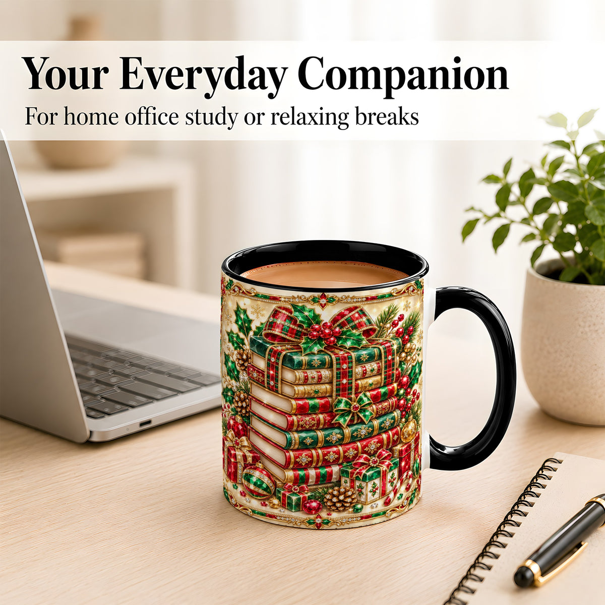 #pl[11oz|Black] Gemlike Christmas Books Coffee Mug, Ornate Holiday Mug, Ceramic Cup