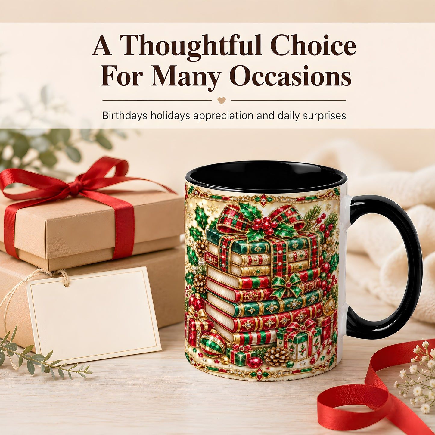 #pl[11oz|Black] Gemlike Christmas Books Coffee Mug, Ornate Holiday Mug, Ceramic Cup
