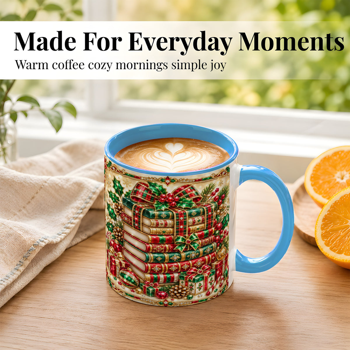 #pl[11oz|Blue] Gemlike Christmas Books Coffee Mug, Ornate Holiday Mug, Ceramic Cup
