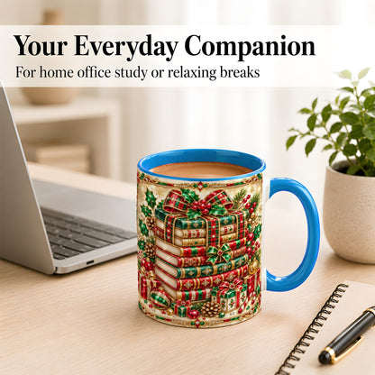 #pl[11oz|Blue] Gemlike Christmas Books Coffee Mug, Ornate Holiday Mug, Ceramic Cup