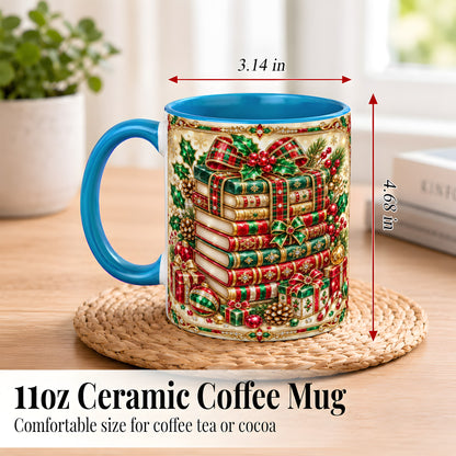 #pl[11oz|Blue] Gemlike Christmas Books Coffee Mug, Ornate Holiday Mug, Ceramic Cup