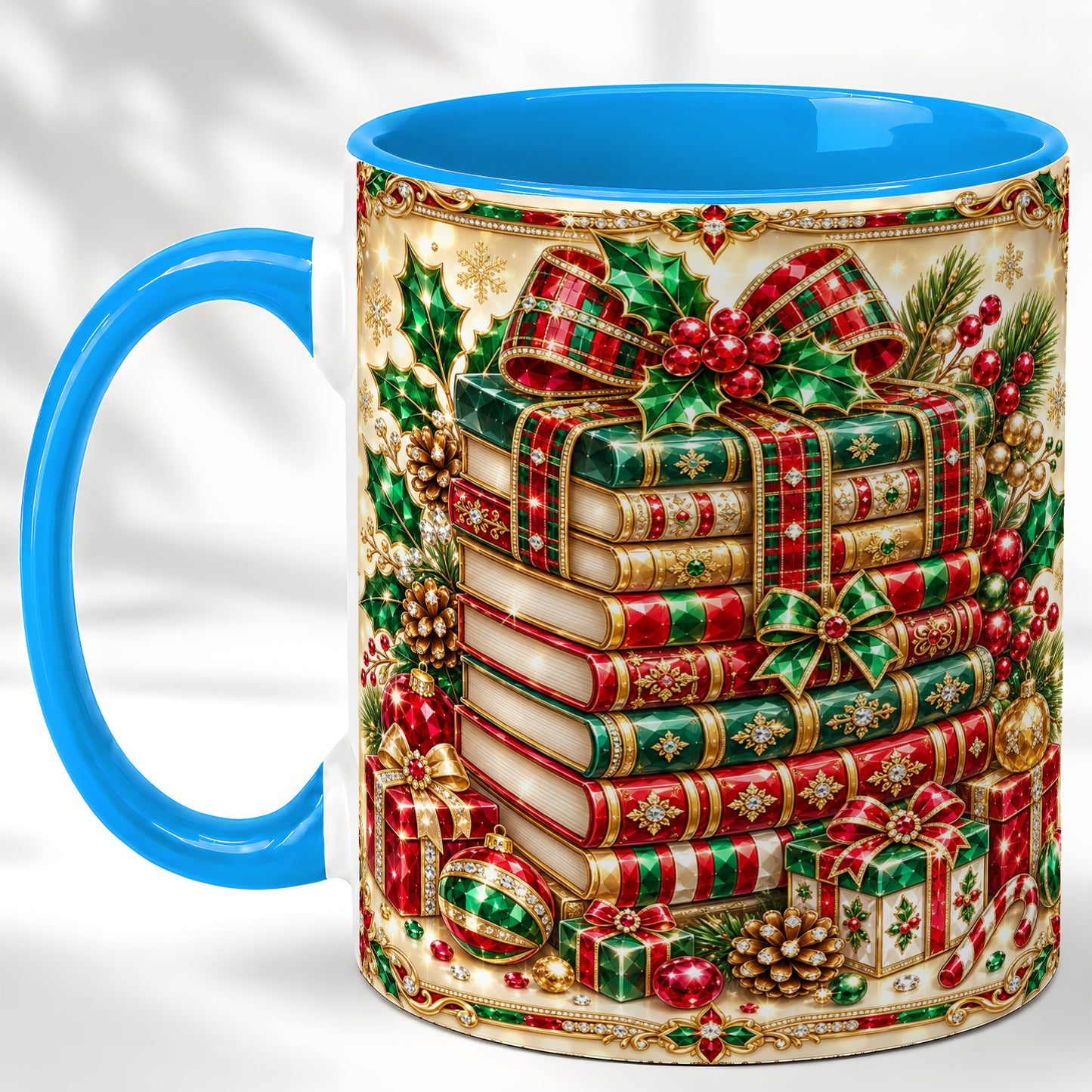 #pl[11oz|Blue] Gemlike Christmas Books Coffee Mug, Ornate Holiday Mug, Ceramic Cup