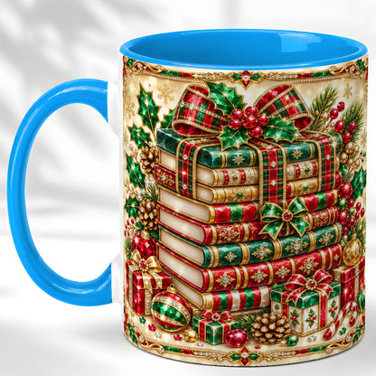#pl[11oz|Blue] Gemlike Christmas Books Coffee Mug, Ornate Holiday Mug, Ceramic Cup