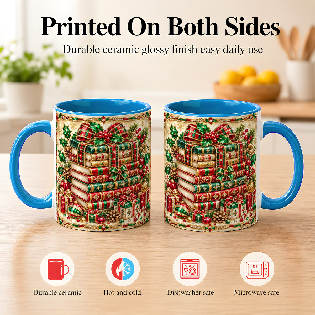 #pl[11oz|Blue] Gemlike Christmas Books Coffee Mug, Ornate Holiday Mug, Ceramic Cup