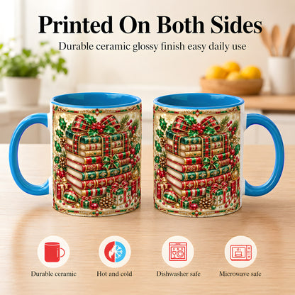 #pl[11oz|Blue] Gemlike Christmas Books Coffee Mug, Ornate Holiday Mug, Ceramic Cup