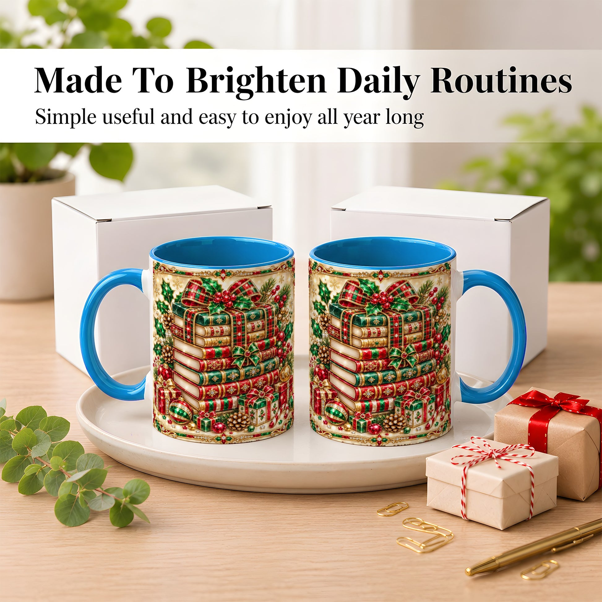 #pl[11oz|Blue] Gemlike Christmas Books Coffee Mug, Ornate Holiday Mug, Ceramic Cup
