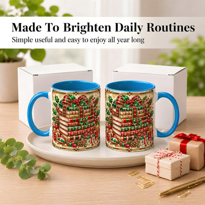 #pl[11oz|Blue] Gemlike Christmas Books Coffee Mug, Ornate Holiday Mug, Ceramic Cup