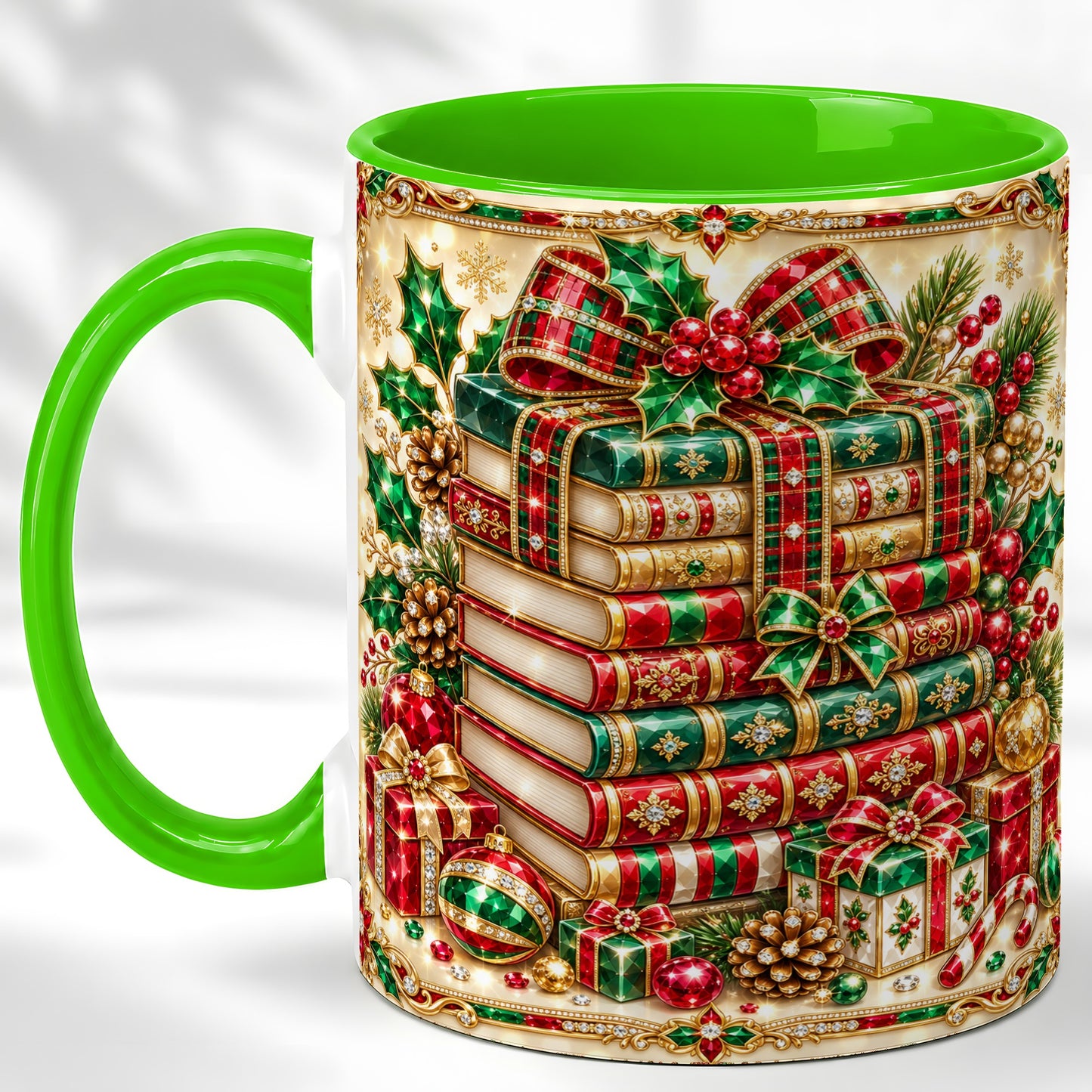 #pl[11oz|Green] Gemlike Christmas Books Coffee Mug, Ornate Holiday Mug, Ceramic Cup