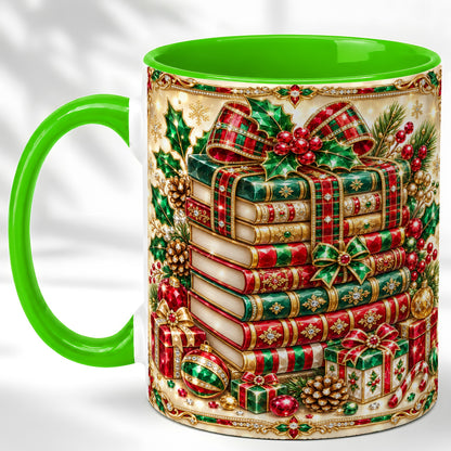 #pl[11oz|Green] Gemlike Christmas Books Coffee Mug, Ornate Holiday Mug, Ceramic Cup