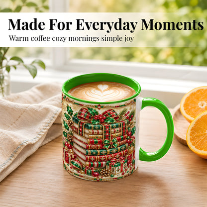 #pl[11oz|Green] Gemlike Christmas Books Coffee Mug, Ornate Holiday Mug, Ceramic Cup