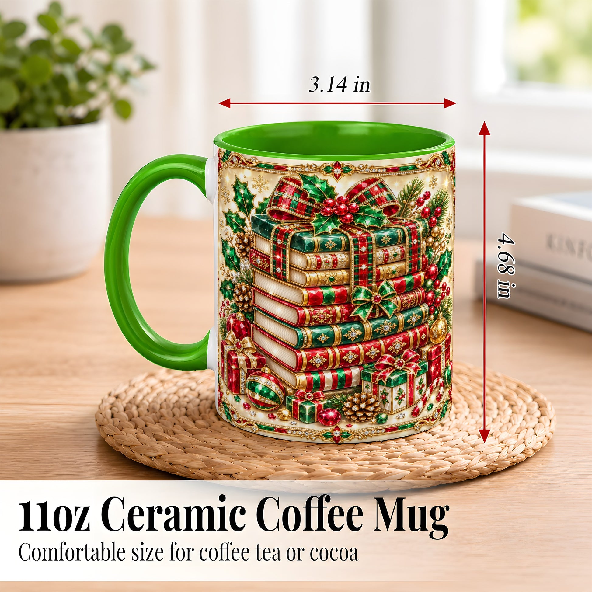 #pl[11oz|Green] Gemlike Christmas Books Coffee Mug, Ornate Holiday Mug, Ceramic Cup