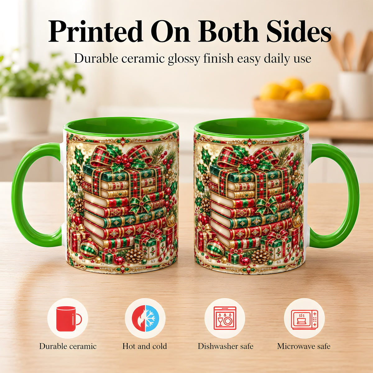 #pl[11oz|Green] Gemlike Christmas Books Coffee Mug, Ornate Holiday Mug, Ceramic Cup