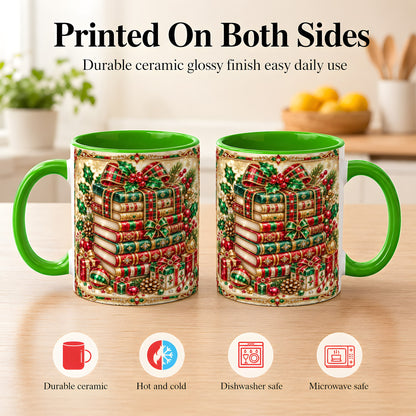 #pl[11oz|Green] Gemlike Christmas Books Coffee Mug, Ornate Holiday Mug, Ceramic Cup