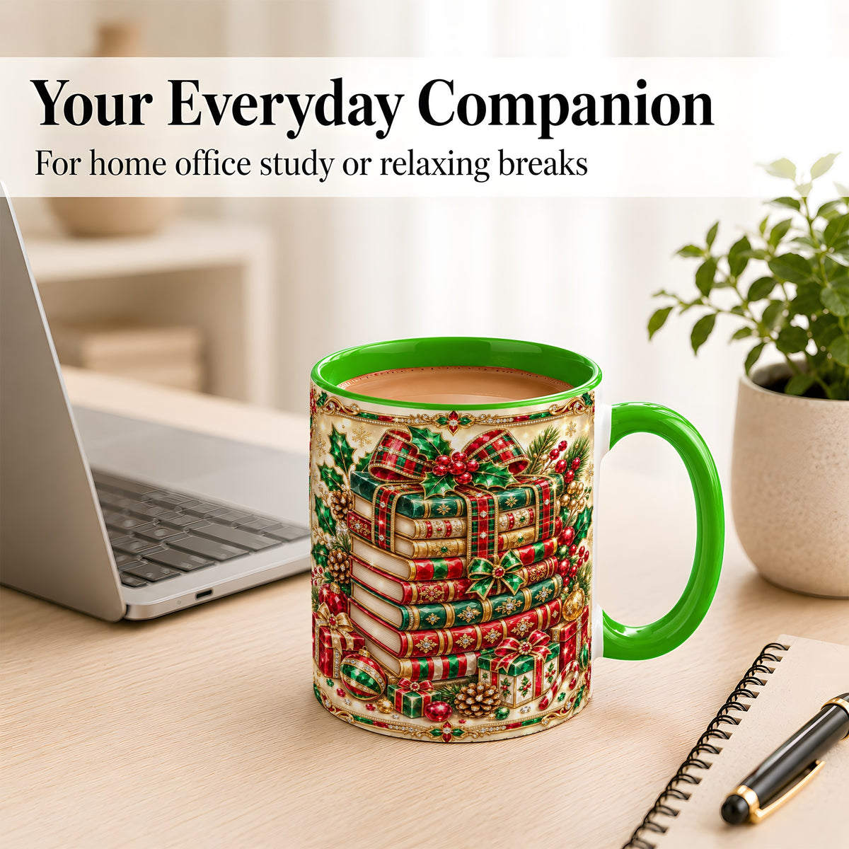 #pl[11oz|Green] Gemlike Christmas Books Coffee Mug, Ornate Holiday Mug, Ceramic Cup
