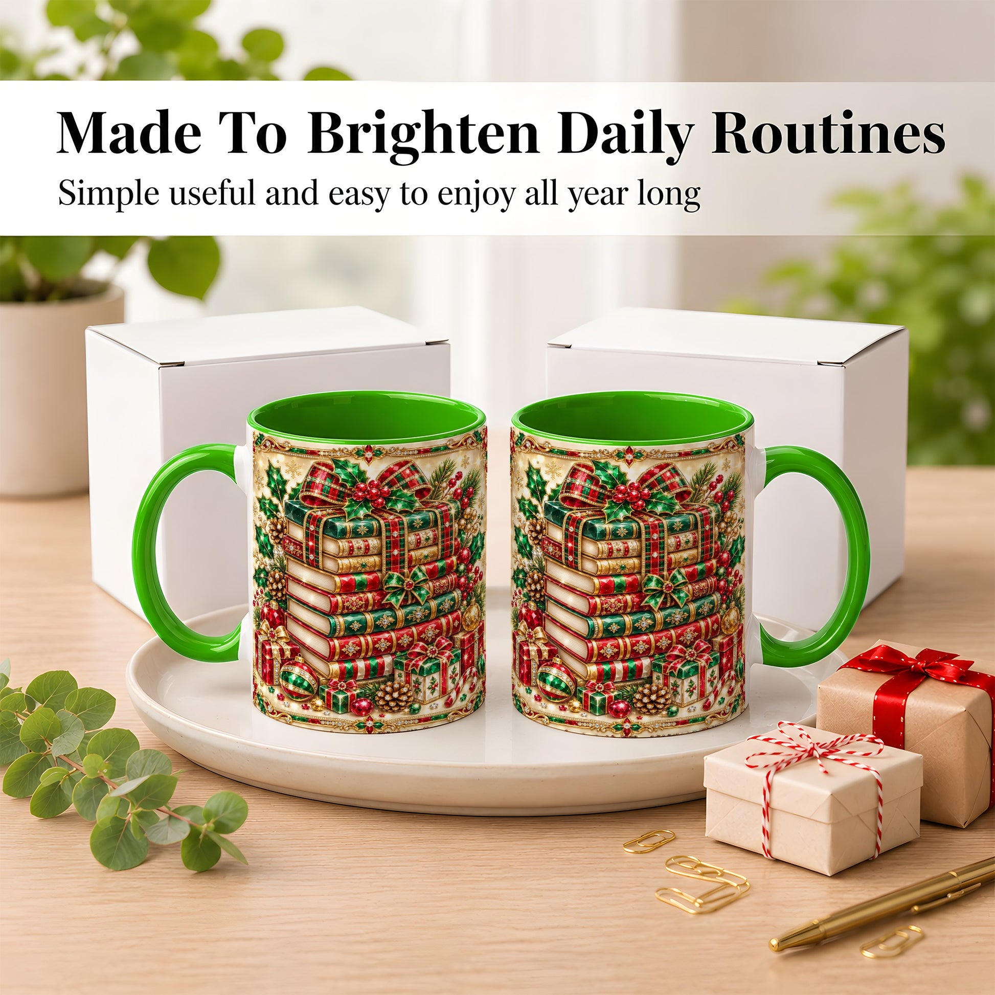 #pl[11oz|Green] Gemlike Christmas Books Coffee Mug, Ornate Holiday Mug, Ceramic Cup