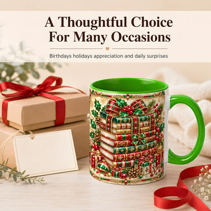 #pl[11oz|Green] Gemlike Christmas Books Coffee Mug, Ornate Holiday Mug, Ceramic Cup