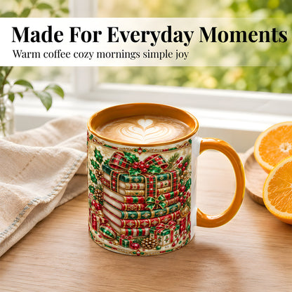 #pl[11oz|Orange] Gemlike Christmas Books Coffee Mug, Ornate Holiday Mug, Ceramic Cup