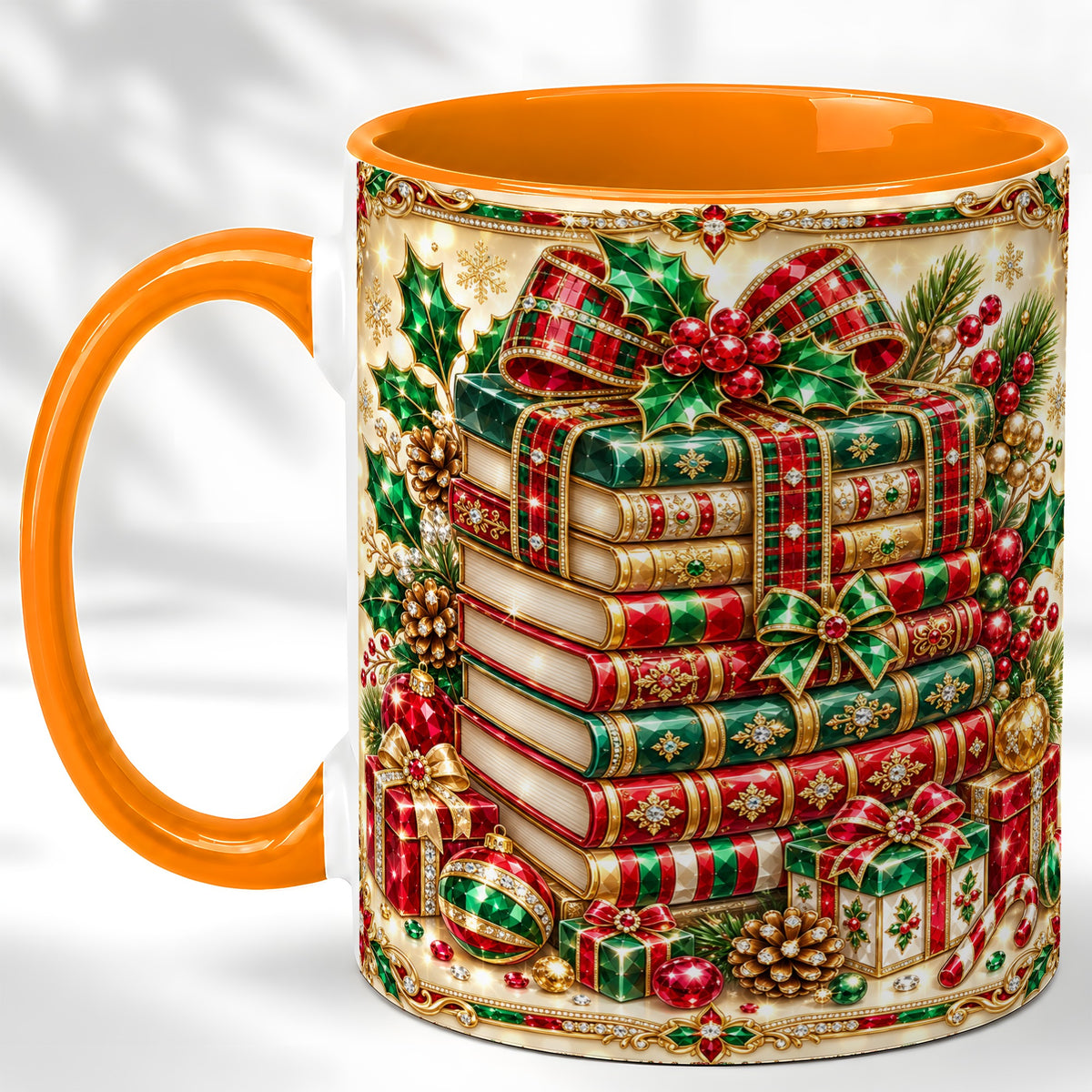 #pl[11oz|Orange] Gemlike Christmas Books Coffee Mug, Ornate Holiday Mug, Ceramic Cup