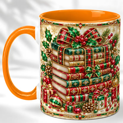 #pl[11oz|Orange] Gemlike Christmas Books Coffee Mug, Ornate Holiday Mug, Ceramic Cup