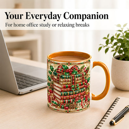 #pl[11oz|Orange] Gemlike Christmas Books Coffee Mug, Ornate Holiday Mug, Ceramic Cup
