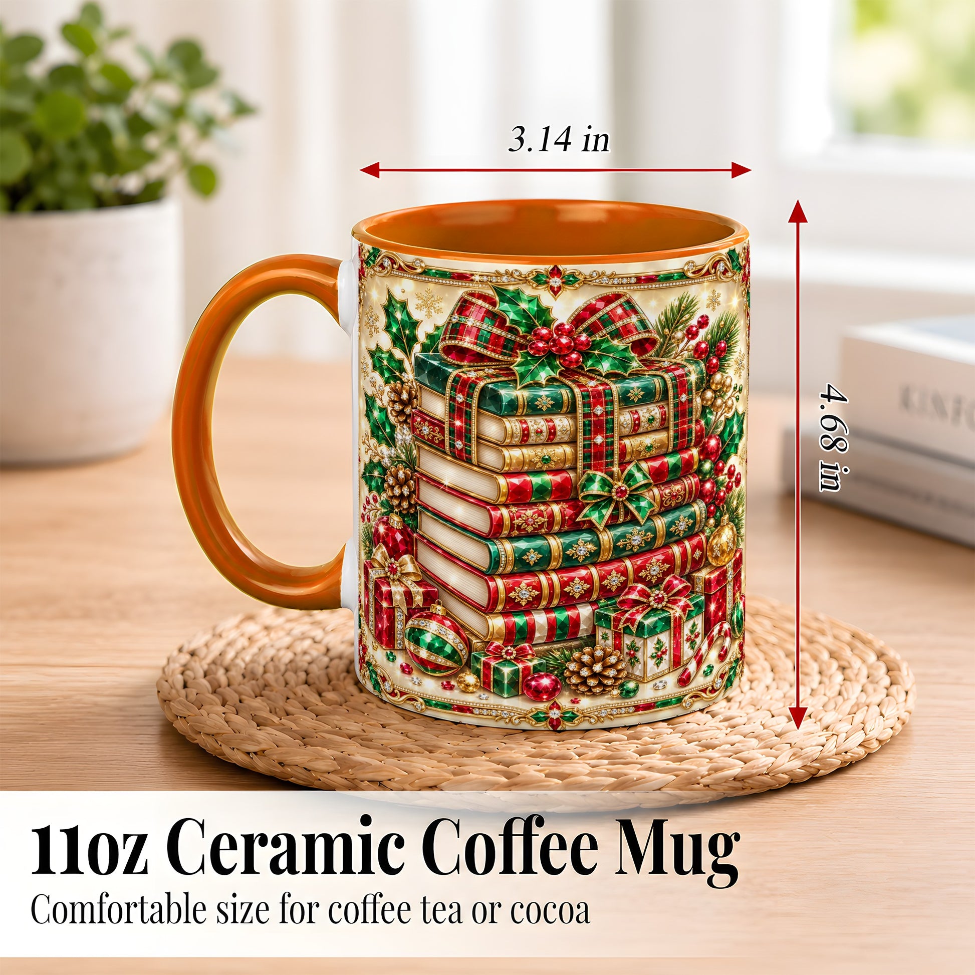 #pl[11oz|Orange] Gemlike Christmas Books Coffee Mug, Ornate Holiday Mug, Ceramic Cup