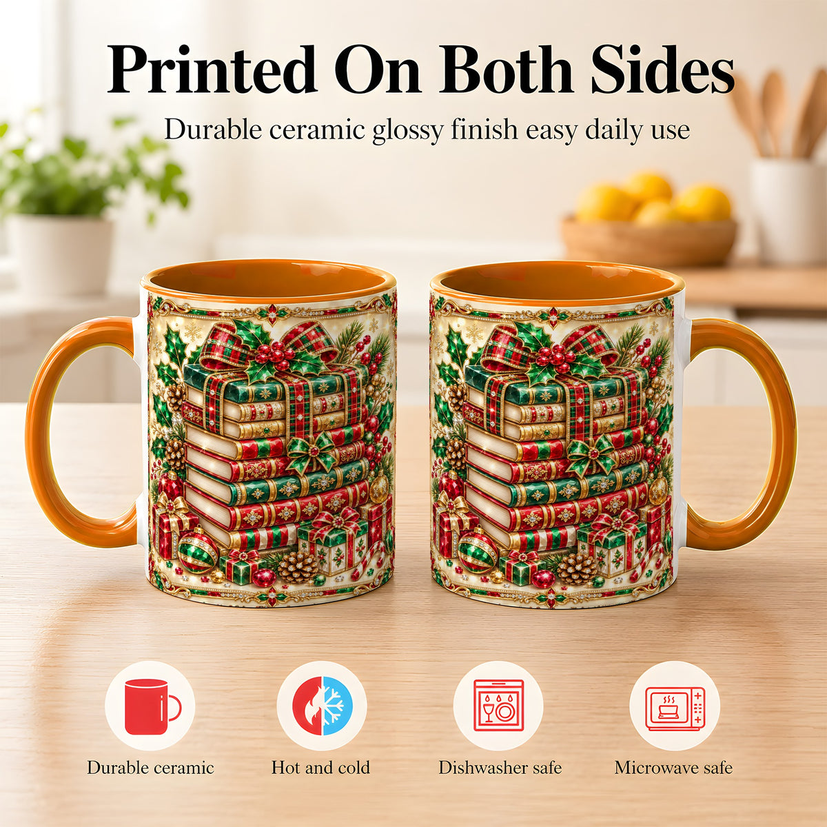 #pl[11oz|Orange] Gemlike Christmas Books Coffee Mug, Ornate Holiday Mug, Ceramic Cup